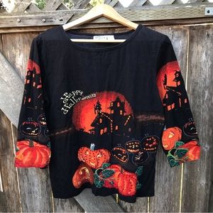Vintage Halloween Shirt Sequins Sz L Haunted House Pumpkins
